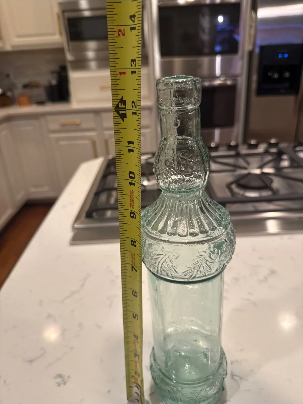 Vintage Spanish Recycled Glass Bottle Vase Aqua Green Embossed Pinecone